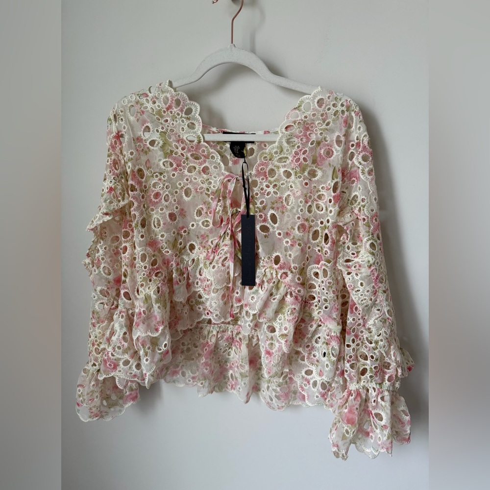 Viral House of Harlow 1960 Pink Floral Eyelet Ruffle Bow Blouse